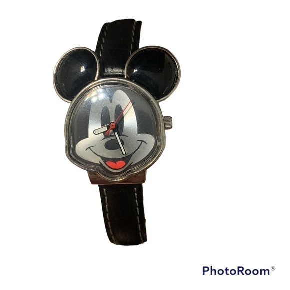 Disney MZ BERGER Mickey Mouse Face shaped Watch Black Strap New - Picture 1 of 6
